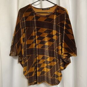 Manaola Gold & Black Geometric Dolman Sleeve Velvet Tunic Womens Blouse Top XS/S